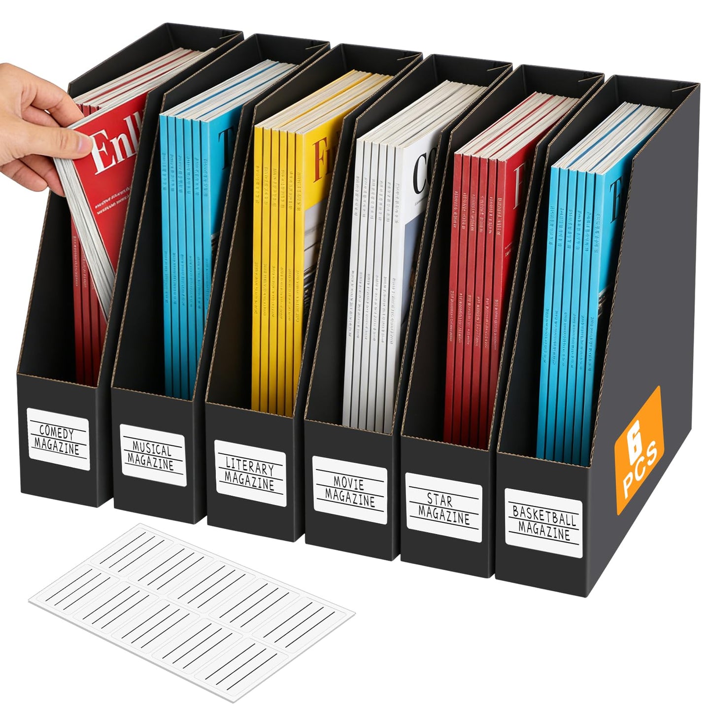 YOTINO Black Magazine Holder, 6 Pack Cardboard Magazine File Holders, Vertical Desktop File Holder Organizer, Sturdy Magazine Rack for Office, Home and Classroom