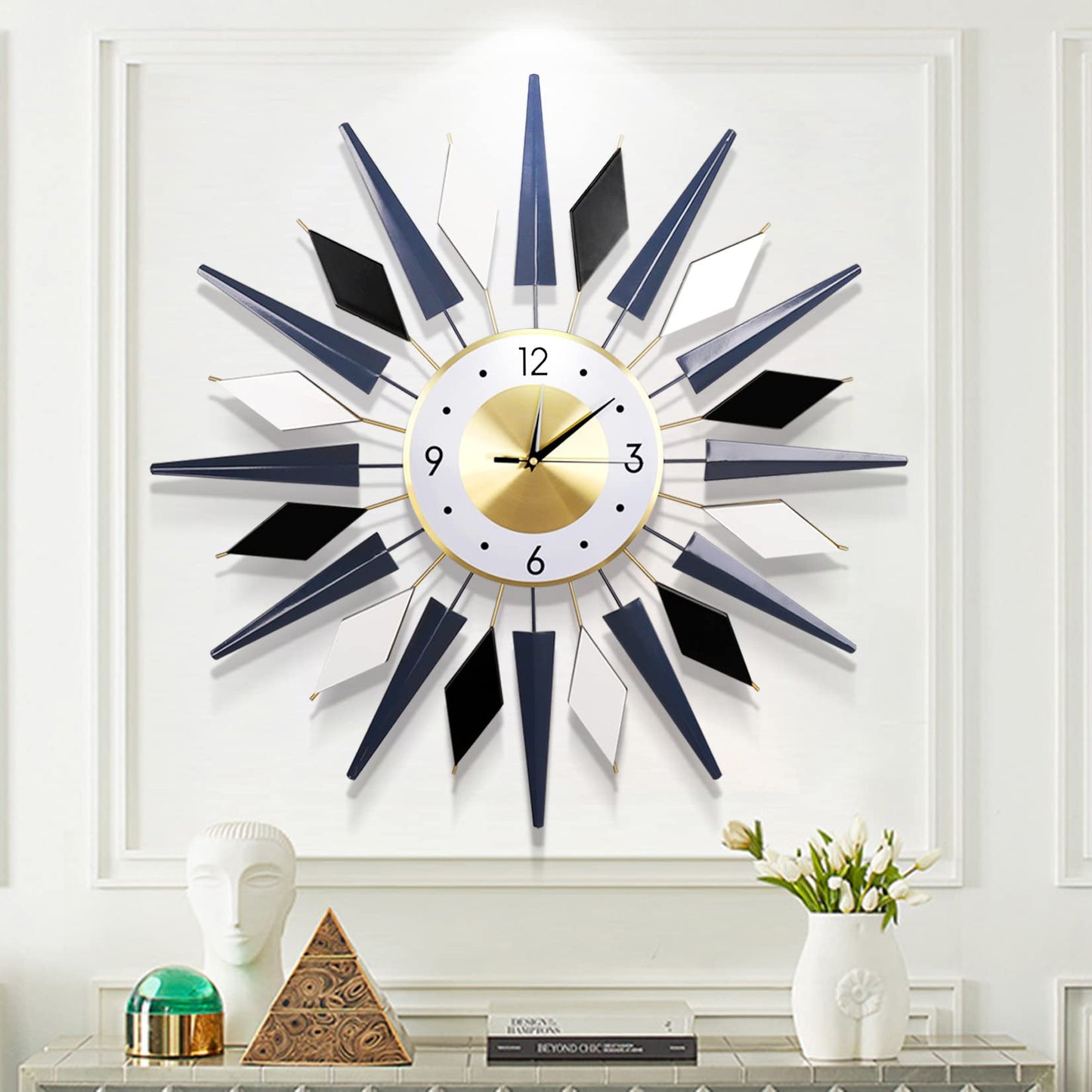 FMTAD Large Metal DecorativeSilent Non-Ticking Modern Big Wall Clocks for Living Room Dining Room Bedroom Decor, Dia 24 Inch Blue Black White