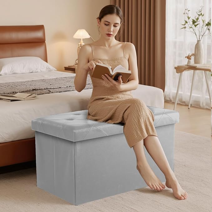 Sweetcrispy 30 Inches Folding Ottoman with Storage Bench, Foot Rest Stool, End of Bed Storage Bench Upholstered, Load 660 lbs, for Living Room, Synthetic Leather, Grey