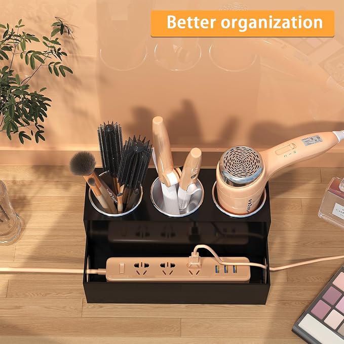 Hair Tool Organizer, Black Acrylic Hair Dryer Holder with Insulated Cup, Bathroom Supplies Countertop Blow Dryer Holder, Vanity Caddy Storage Stand for Accessories, Makeup, Toiletries