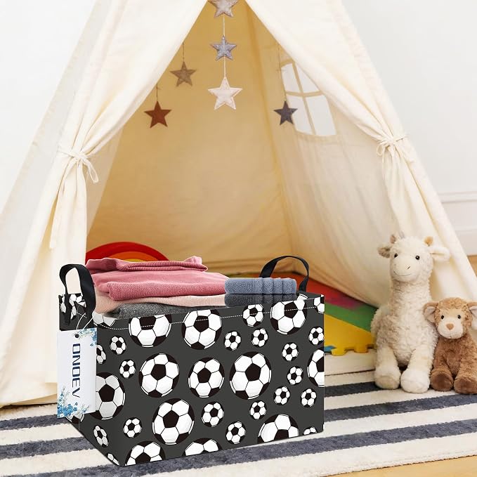 Rectangular Soccer Ball Pattern Storage Bin, Decorative Canvas Laundry Basket with Dual Handles, Foldable Household Toy Organizer, Multipurpose Party Gift Basket for Bedroom Dorm (Soccer)