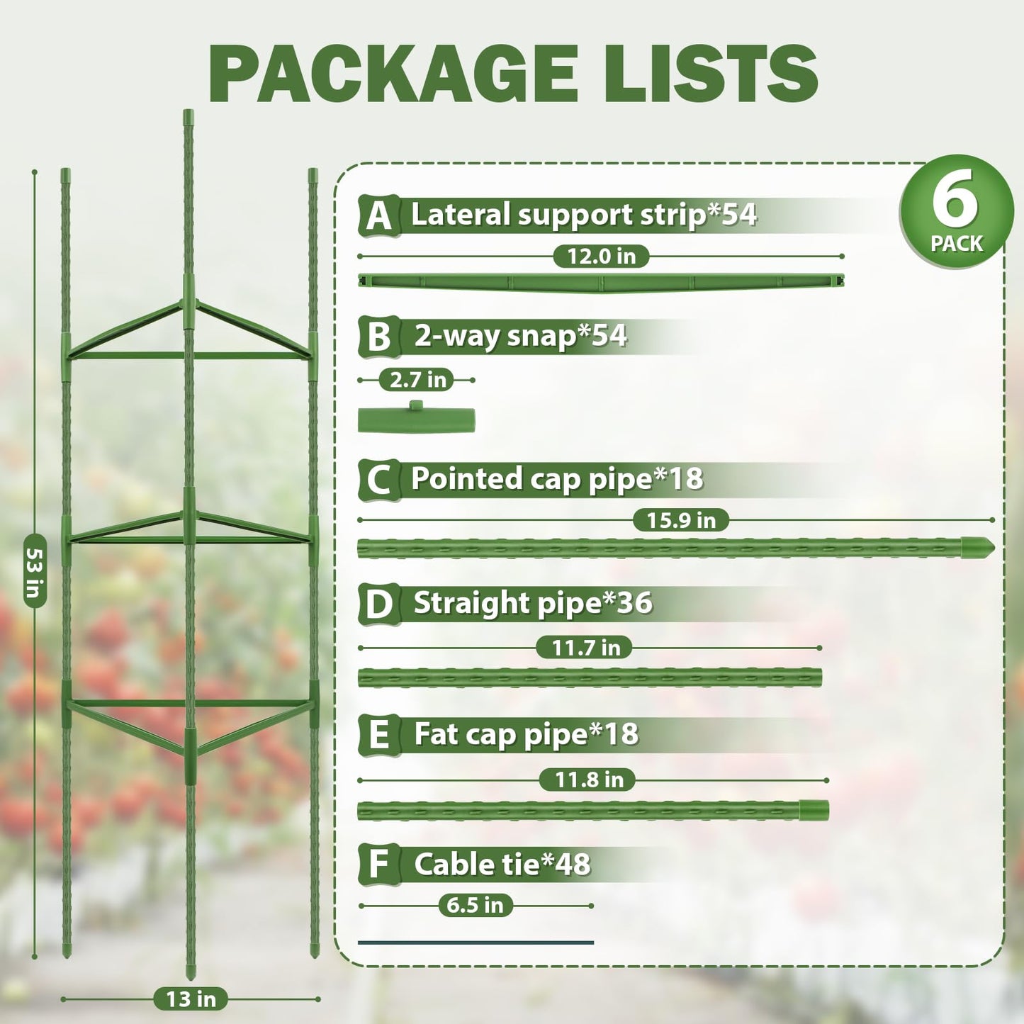 Tegarbed 6 Pack Tomato Cage for Garden Plant Supports, 48 Inch Tomato Trellis for Potted Plants, Heavy-Duty Garden Plant Stakes for Climbing Vegetables Plants Cucumber Peony Flowers, Green