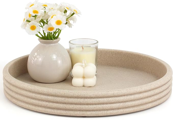 YMXYJM Round Decorative Tray - Modern Coffee Table Tray Decor, Resin Home Decor for Living Room & Bedroom. Multi-Functional Coffee Table Centerpiece with Anti-Slip Pads - 11x1.5 Inch Key Trays - Beige