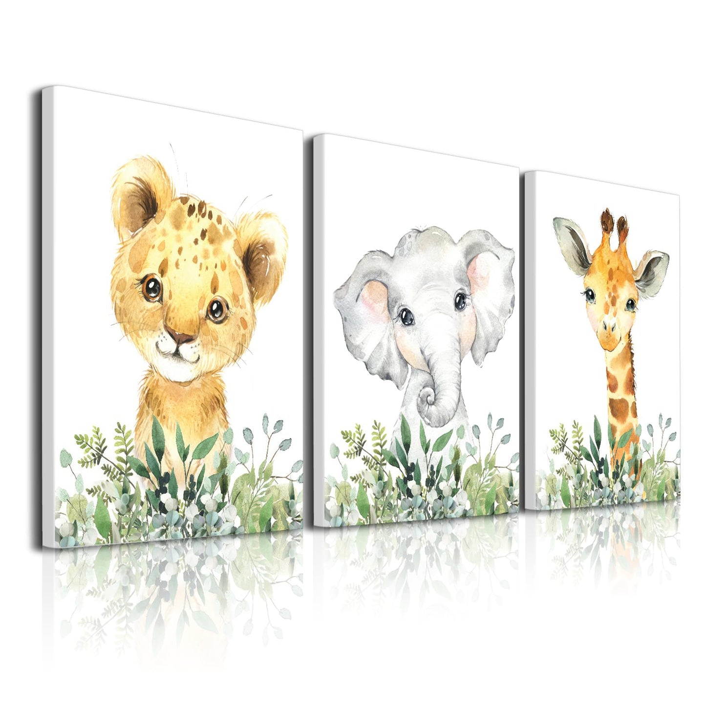 Baby Safari Nursery Wall Decor - Set of 3 Pictures Cute Animal Wall Prints on Canvas Jungle Nursery Safari Decor Gifts for Baby Boys and Girls Room, Framed Wall Art 12 x 16 Inch
