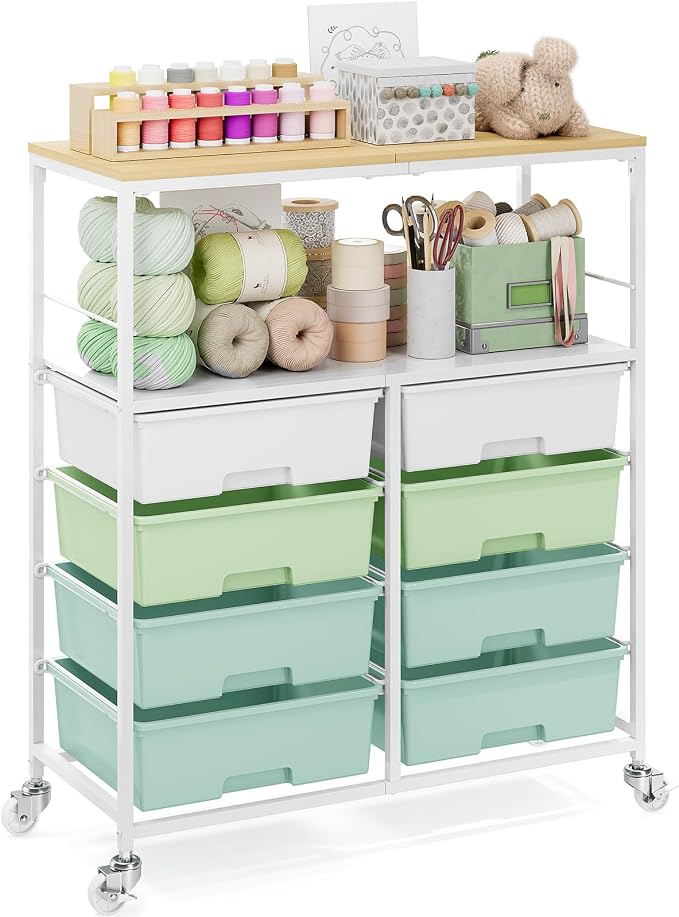 Rolling cart with 8 drawers,Storage drawer cart with wooden tabletop,Lockable wheels organizer for homeschool, arts & crafts, classroom, office & creative spaces (Green)