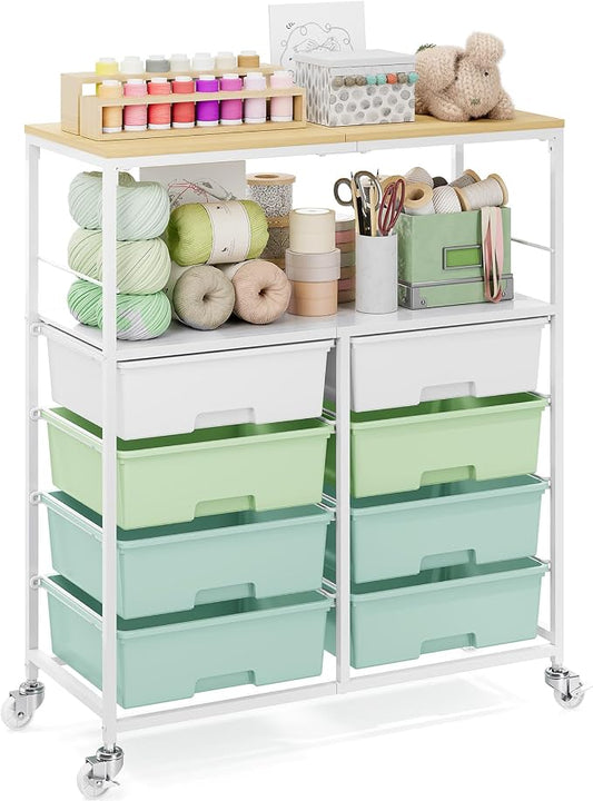 Rolling cart with 8 drawers,Storage drawer cart with wooden tabletop,Lockable wheels organizer for homeschool, arts & crafts, classroom, office & creative spaces (Green)