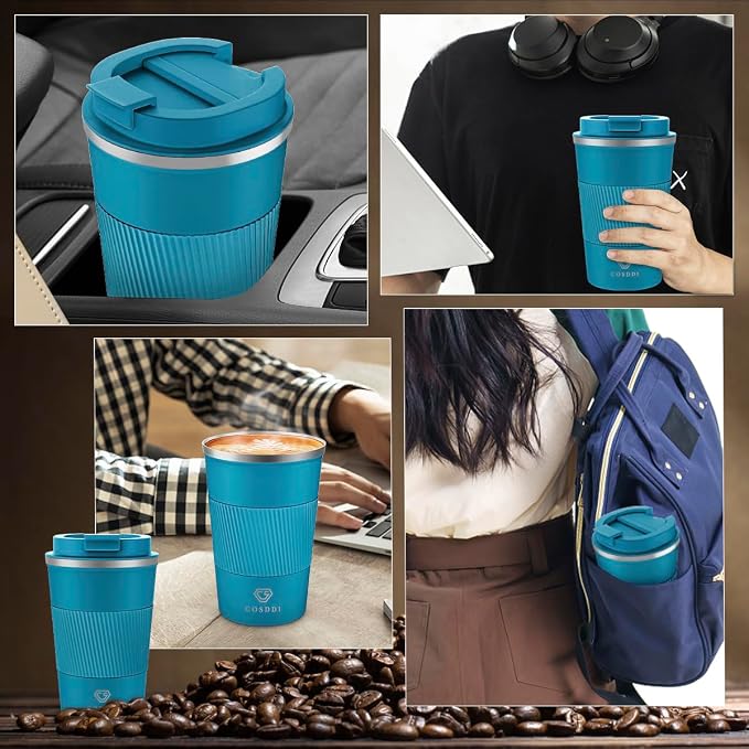 CS COSDDI Stainless Steel Travel Mug 12oz - Vacuum Insulated Coffee Travel Mug Spill Proof with Leakproof Lid - Double Walled Reusable Tumbler Cups for Keep Hot/Ice Coffee,Tea and Beer(Aquamarine)