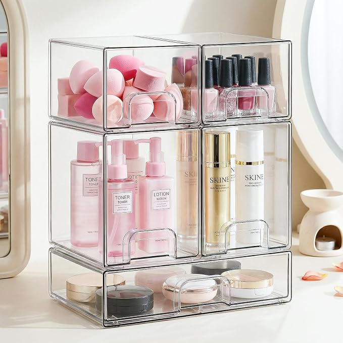 Bottle Storage Organizer Baby, Clear Stackable Storage Drawers Set for Baby Bottle, Beauty Supplies Storage, Ideal for Countertop, Vanity, Bathroom, Cabinet, Pantry Organization, 15.4" H, 5 Pack