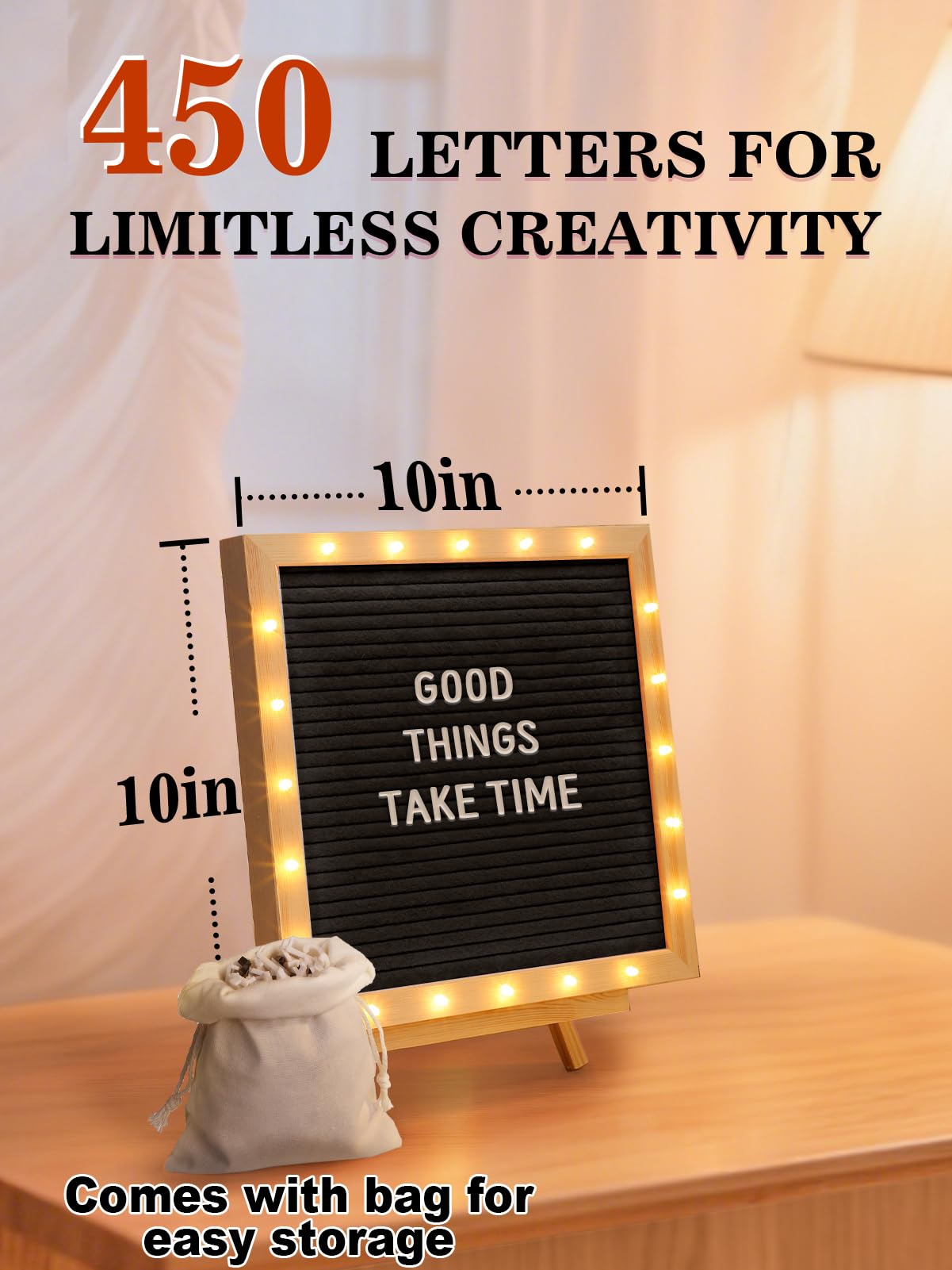 Changeable Felt Letter Board with LED Lights - 10×10" Message Custom Signs & Wood Stand & 450 Letters, Poster Board for Graduation/Baby/Pregnancy Announcement/Classroom Wall Decor Gifts, Black