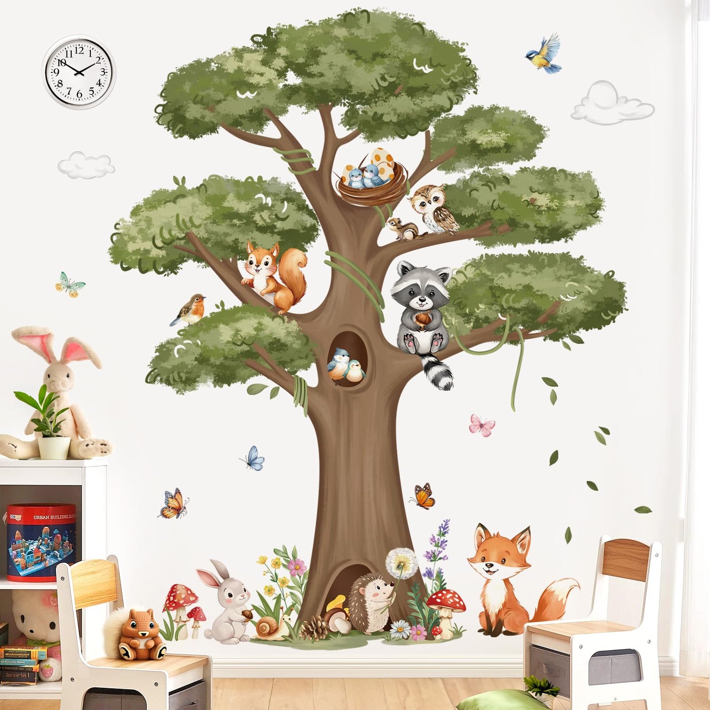 decalmile Woodland Animals Large Tree Wall Stickers Forest Animal Fox Rabbit Hedgehog Wall Decals Kids Room Baby Nursery Bedroom Wall Decor