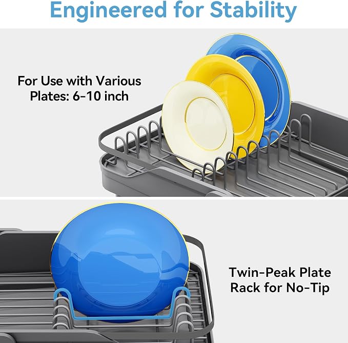 Urackify Expandable Dish Rack for Kitchen Counter,16.14"-23.62" Large Dish Drying Rack with Adjustable Water Spout, Space Saving Dish Drainer with Auto Draining Cutlery Holder, Matte Grey