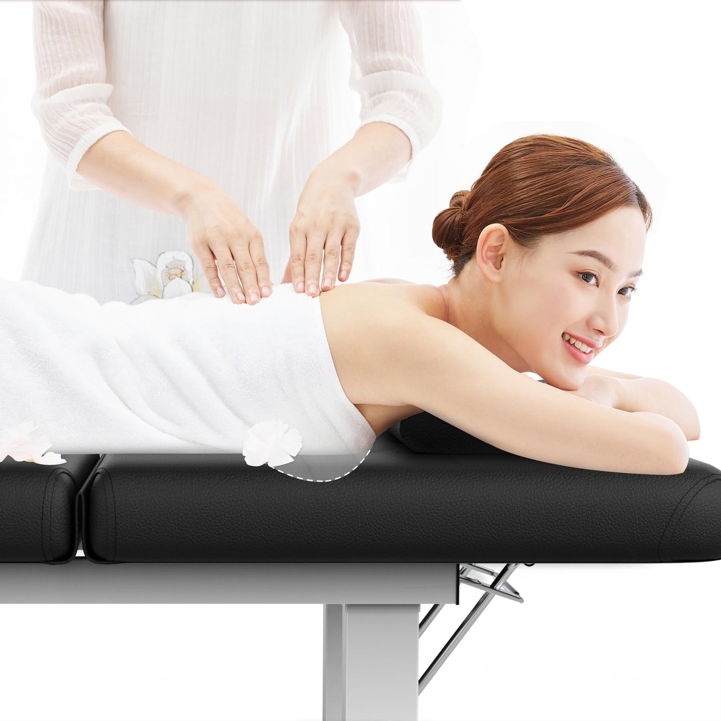pouseayar 31.5'' Wide × 75'' Long Stationary Massage Table with Backrest and Storage Space for Treatment Table Physical Therapy Table Spa Facial Bed, 6 Square Legs Metal Frame PU Leather - Black