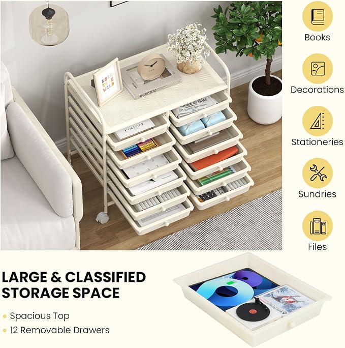 Giantex 12 Drawers Rolling Cart, Mobile Storage Drawer Cart, Classroom Organizer Cart for Office School Supplies Tools Scrapbook Paper Craft Small Printer, Utility Cart on Wheels, White