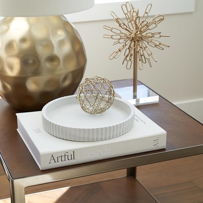 Decorative Concrete Tray & Book Decor Set - Scalloped Tray & Linen Box Enhance Your Coffee Table or Bookshelf Decor - Stylish Home Decoration for Your Living or Dining Room & as a Housewarming Gift