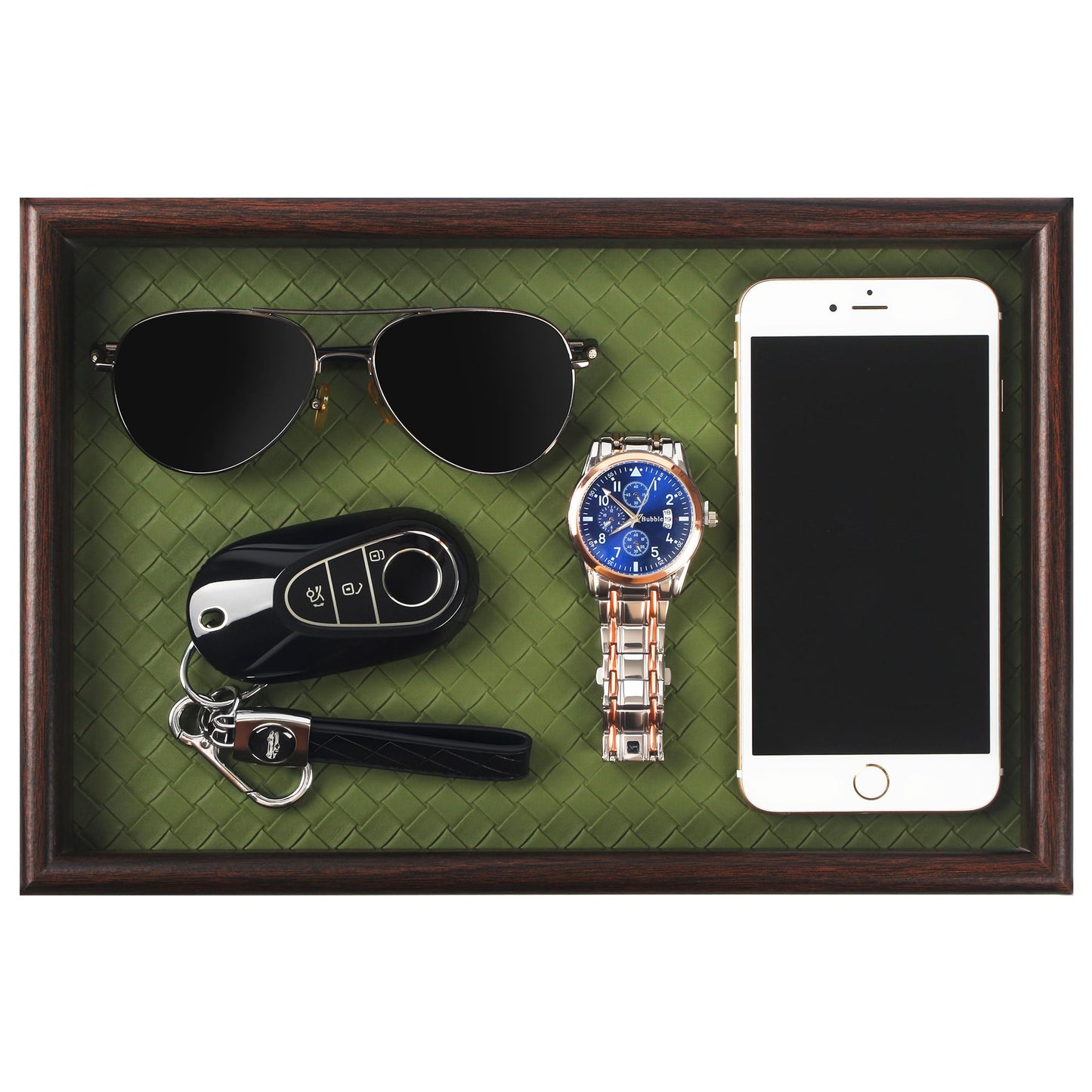 Zosenley Wooden Valet Tray with Leather Base - Nightstand Catchall Organizer for Cologne, Perfume, Keys, Wallet, Phone, Watch, Jewelry & Sunglasses (Green)