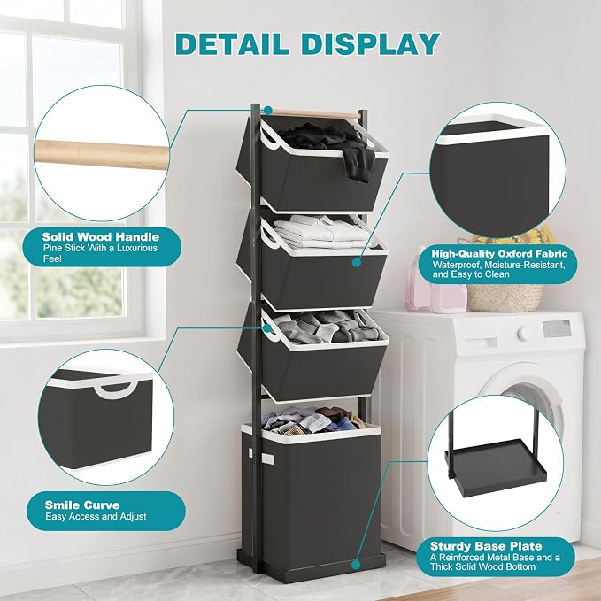 4-Tier Laundry Hamper Sorter, Vertical Laundry Sorter with Removable Basket, Stackable Laundry Cart Organizer and Storage 125L for Small Space, Dorm, Closet, Bathroom Black