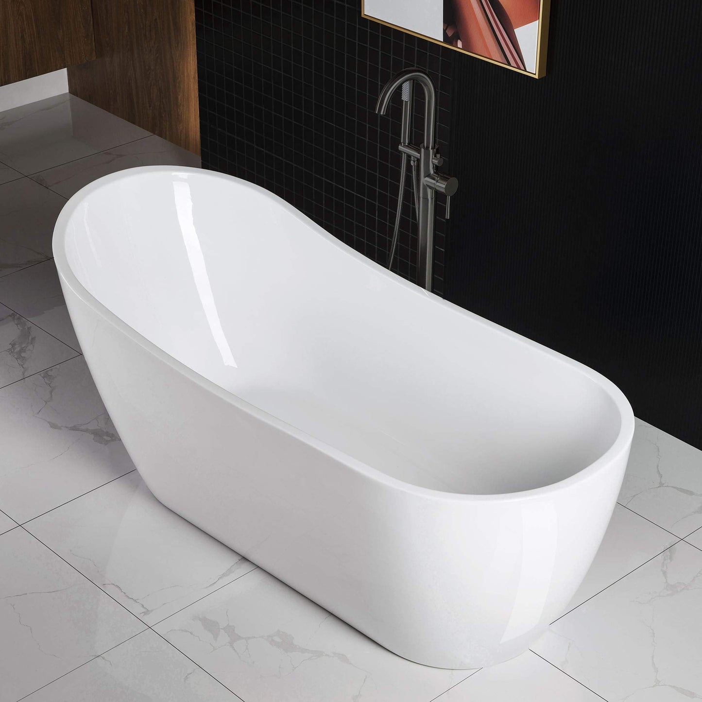 WOODBRIDGE 67" Acrylic Freestanding Bathtub Contemporary Soaking White Tub with Matte Black Overflow and Drain，B0001 -MB-Drain &O