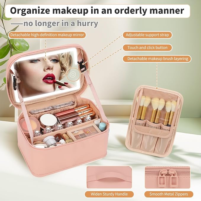 Makeup Bag With LED Mirror, Lightweight Travel Makeup Bag With 3 Color Setting Light Up Mirror Cosmetic Organizer Vanity Case for Women Beauty Tools Accessories Rechargeable Makeup Train Case-Pink
