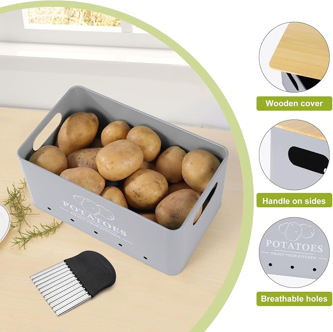 Kitchen Vegetable Storage Set of 3, Metal Onion Garlic Potato Storage Set, Kitchen Canisters Vegetable Keeper Containers with Aerating Holes and Bamboo Lid,Grey