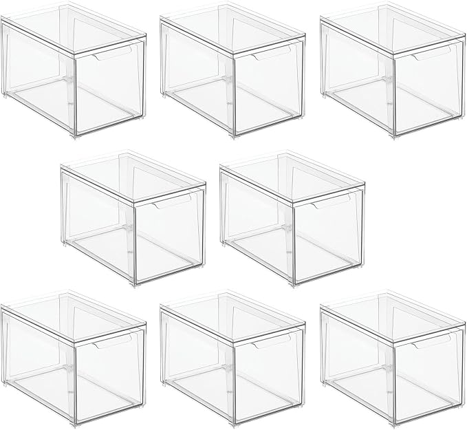 mDesign Plastic Stackable Bathroom Storage with Pull Out Bin Organizer Drawer for Cabinet, Vanity, Shelf, Cupboard, Cabinet, or Closet Organization - Lumiere Collection - 8 Pack - Clear