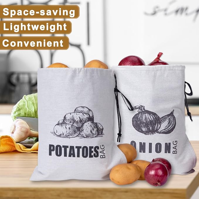 Potato Onion Garlic Storage Bag, Fabric Onion and Potatoes Storage Bag, Washable Garlic Potatoes Onions Keeper with Drawstring, 3 Pack (Garlic Onion Potato Bag)