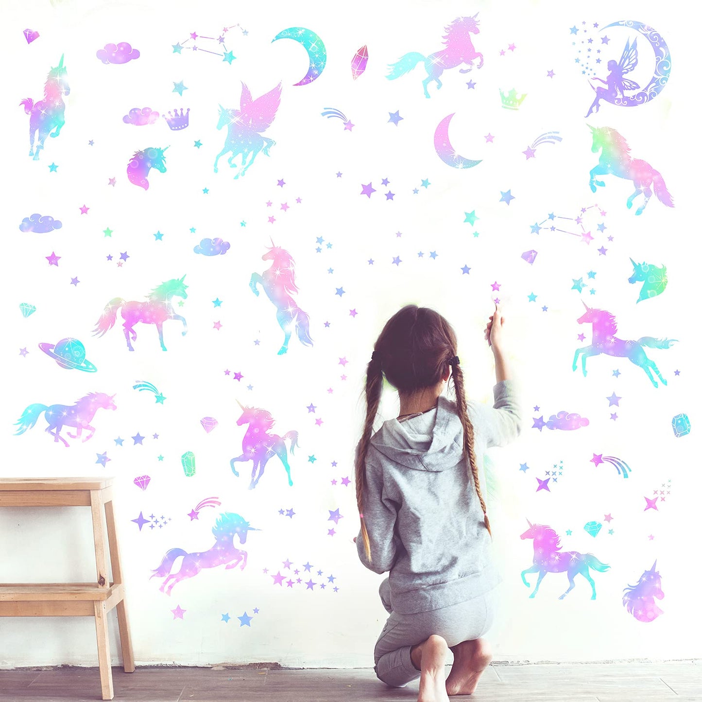 4 Sheets of Unicorn Peel and Stick Wall Decal Glitter Unicorn and Fairy Wall Stickers Cartoon Wall Decals Removable DIY for Bedroom Playroom Living Room Decor