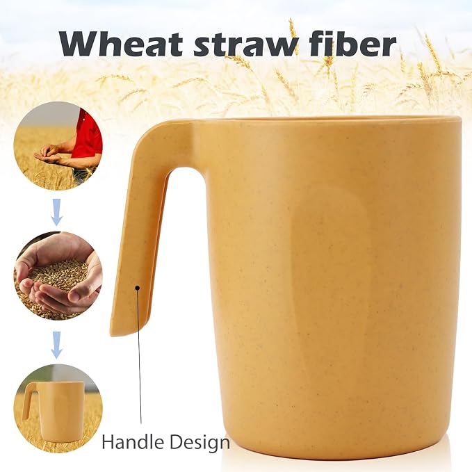 PYRMONT Wheat Straw Cups 16 Oz Alternative Plastic Cups With Handle Dishwasher & Microwave Safe Mug Set of 6 Unbreakable Cups Set for Kitchen,Party,RV Travel Unbreakable Water Cups-Yellow