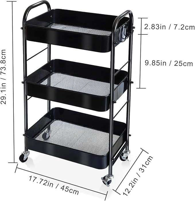SUNLPH 3-Tier Rolling Utility Cart with Stopper Caster Wheels and 4 Hooks, Easy Assembly, for Kitchen, Bathroom, Living Room, Office (17.7”L x 12.2”W x 29.1”H, Black)