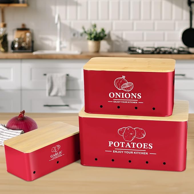 Kitchen Vegetable Storage Set of 3, Metal Onion Garlic Potato Storage Set, Kitchen Canisters Vegetable Keeper Containers with Aerating Holes and Bamboo Lid，Red