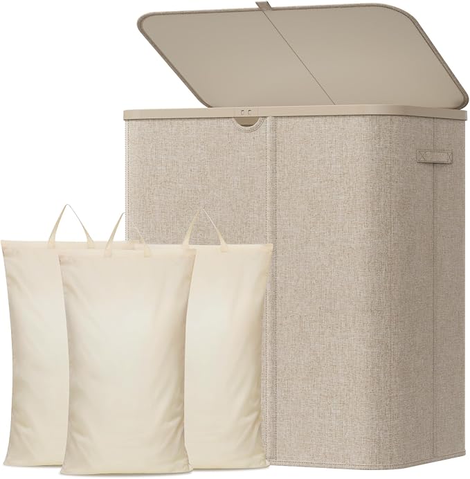 Lifewit 165L 3 Section Laundry Hamper with Lid, Large Laundry Basket with Handles and Removable Bags, Tall Clothes Hamper, Foldable Laundry Sorter for Bedroom Bathroom, Beige
