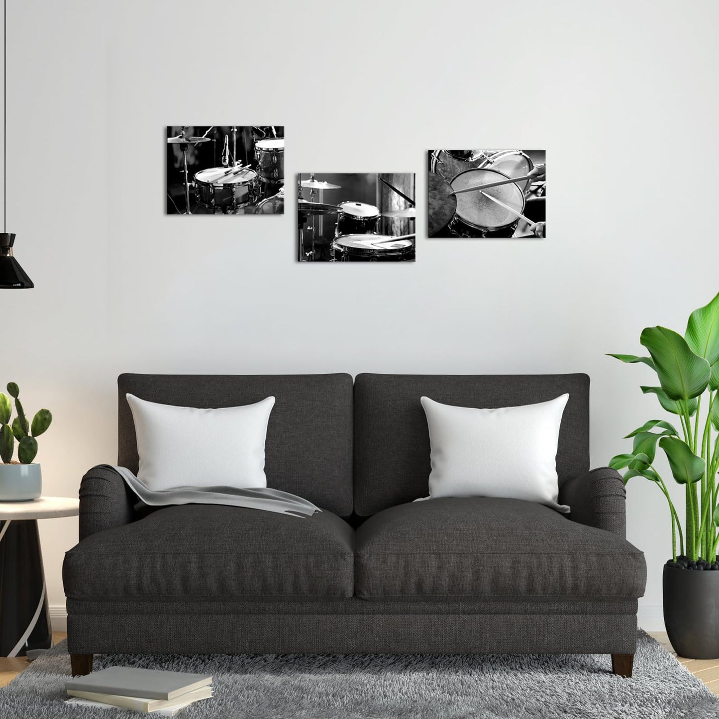 LyerArtork 3 Piece Music Wall Art Canvas Prints Black and White Rock Band Shelf Drum Set Musical Instruments Pictures Artwork Wall Decor for Home Living Room Musical Studio 12x16inchx3