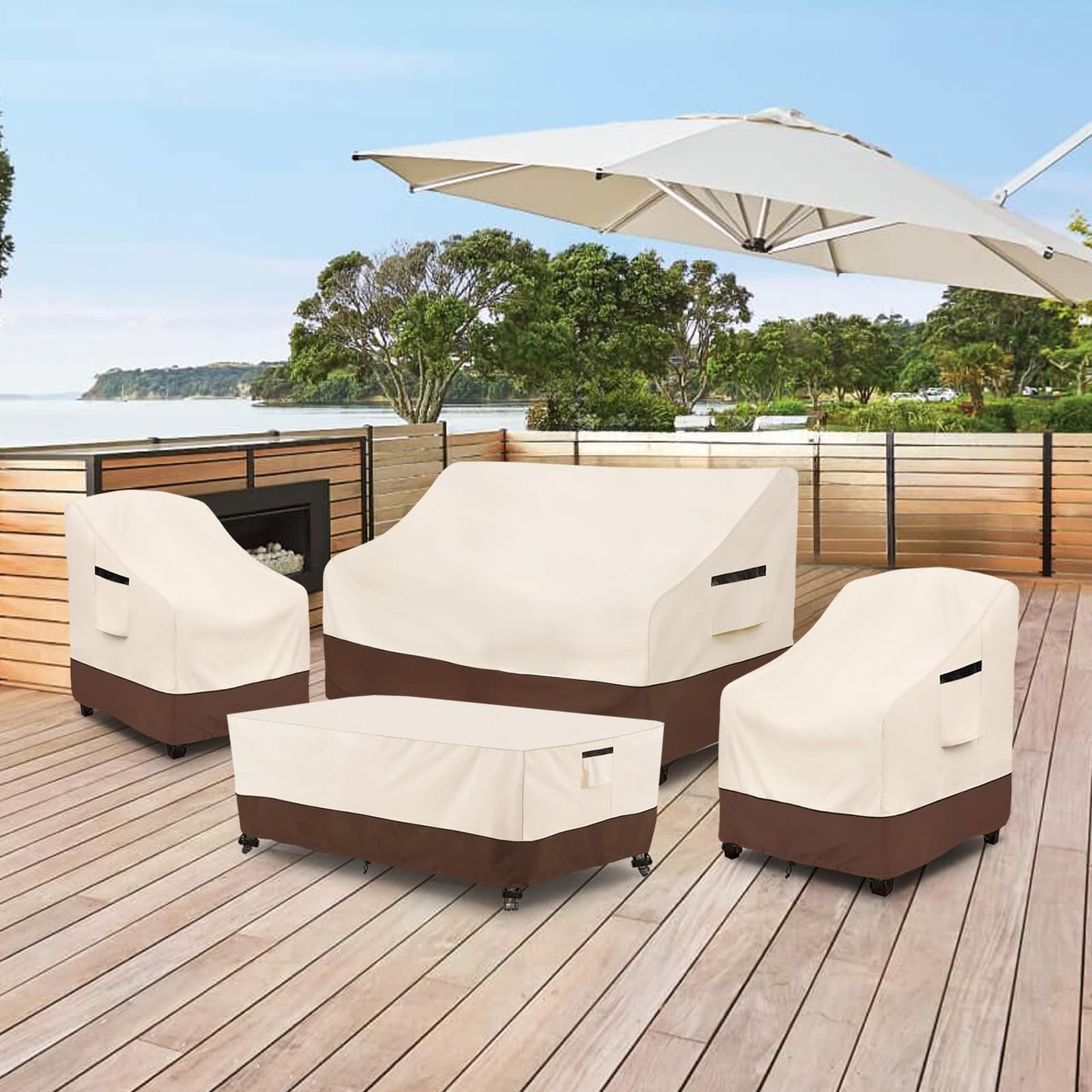Rileytee Outdoor Furniture Set Cover, 4 Pcs 600D Heavy Duty 100% Waterproof Patio Furniture Covers,Fit Patio Loveseat,2 Chair and Coffee Table (Beige & Brown,Small)