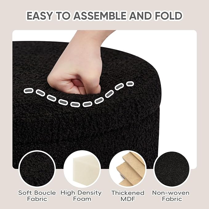 PINPLUS Round Storage Ottoman Foot Rest Stool with Tray Velvet Sherpa Folding Storage Ottoman,Boucle Foot Rest for Living Room, Bedroom, Dorm,Black Color