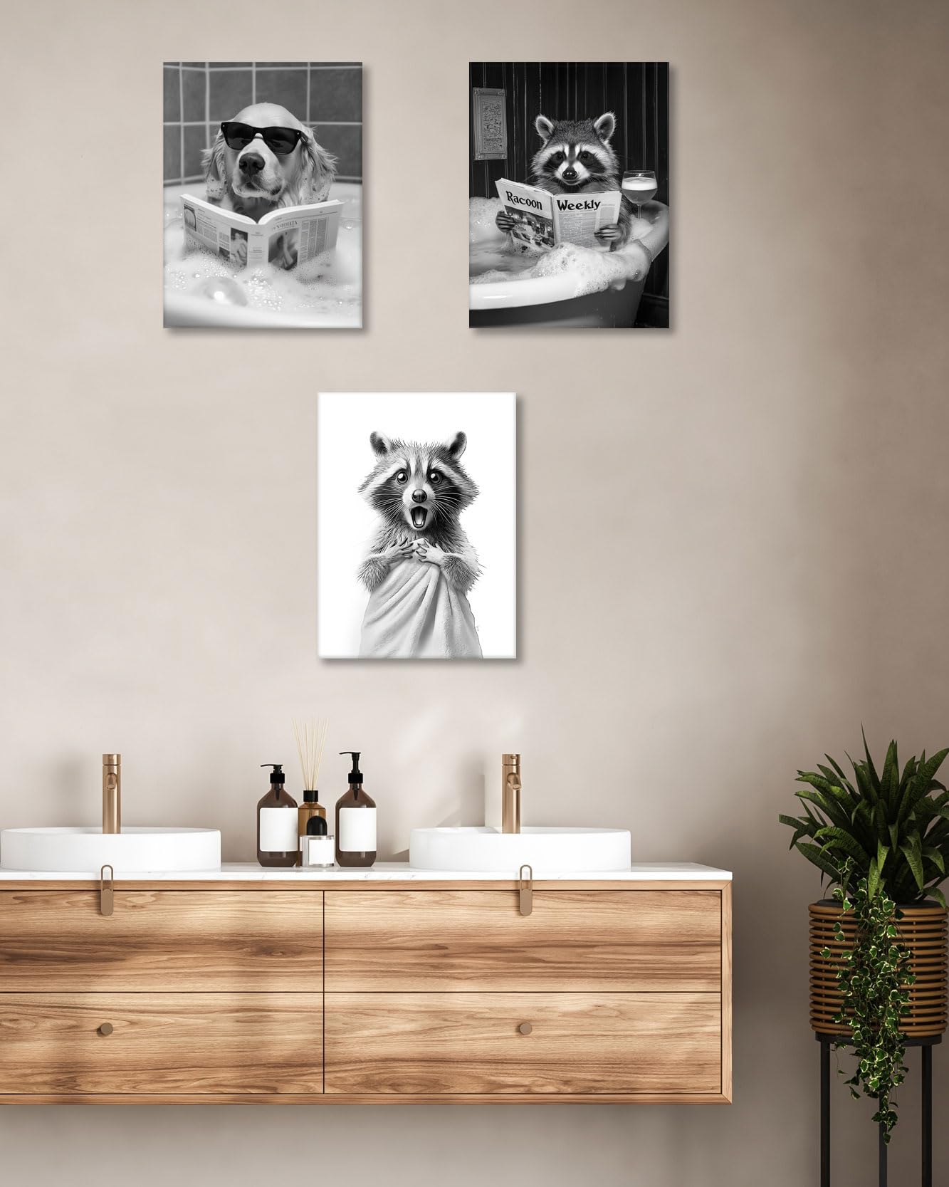 HesenDot Raccoon in Towel Framed Wall Art,12x16in Funny Animal Bathroom Canvas Print, Black and White Raccoon Poster,Cute Racoon Picture Wall Decor for Bathroom Kid Room Bedroom Nursery Home, 1 Pack