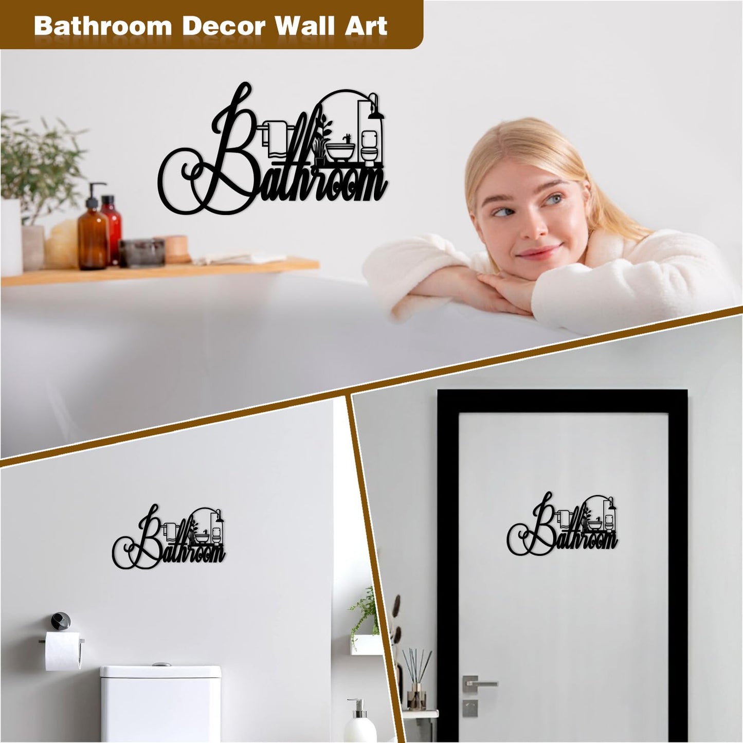 Black Metal Bathroom Wall Decor, Farmhouse Funny Bathroom Sign for Modern Home Hanging Decorations, Metal Bath Art （15 X 8.6in）