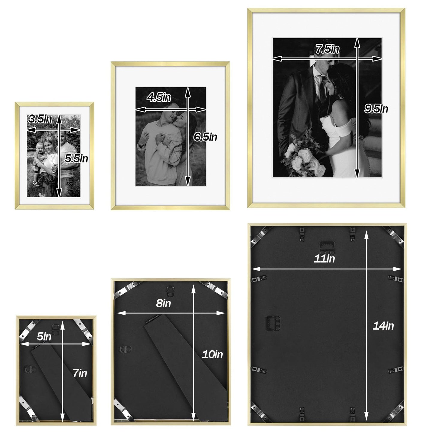 Frametory, Gold Aluminum Picture Frame with Removable Mat - Set of 7 Includes Four 5x7, Two 8x10, One 11x14 - Real Glass Front - Simple Gallery Wall Frames for Art Prints and Posters