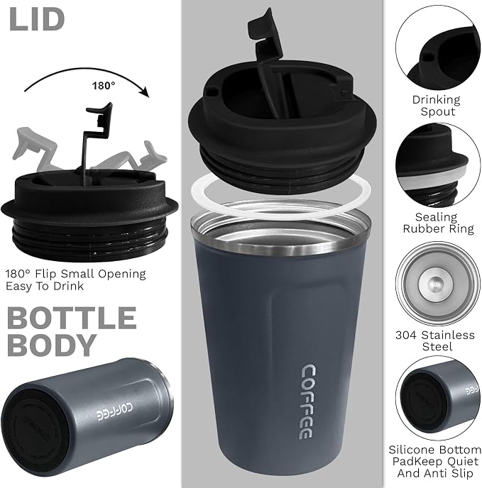 YINBAOGE Insulated Travel Coffee Mug, Spill & Leak Proof, Portable To Go Camping Stainless Steel Coffee Tumbler, Reusable Thermal Coffee Cup with Lid for Hot & Cold Drinks (2nd-Blue, 17 OZ)