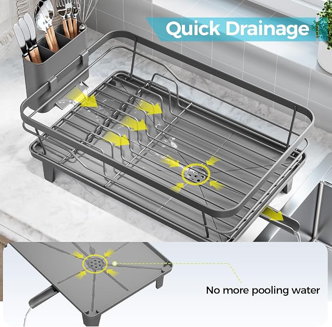 Urackify Dish Drying Rack for Kitchen Counter, Sink Dish Rack with Drainboard 12.2" W x 16.5" L, Large Dish Drainer with Cutlery Holder, Home Countertop Plate Dryer Storage Rack, Gray