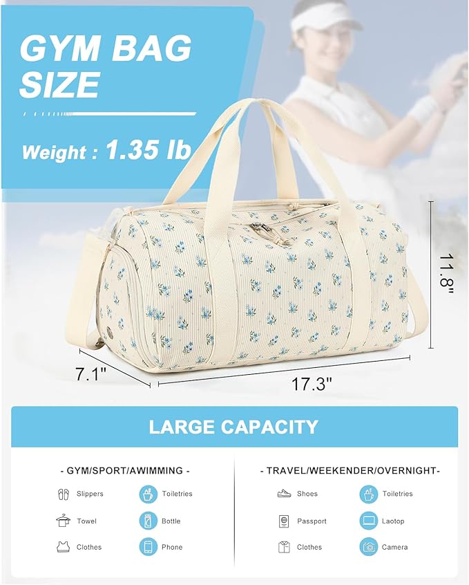 Duffle Bag for Gym Sports Women Girls Workout Travel Bag Weekender with Shoe Compartment and Wet Pocket