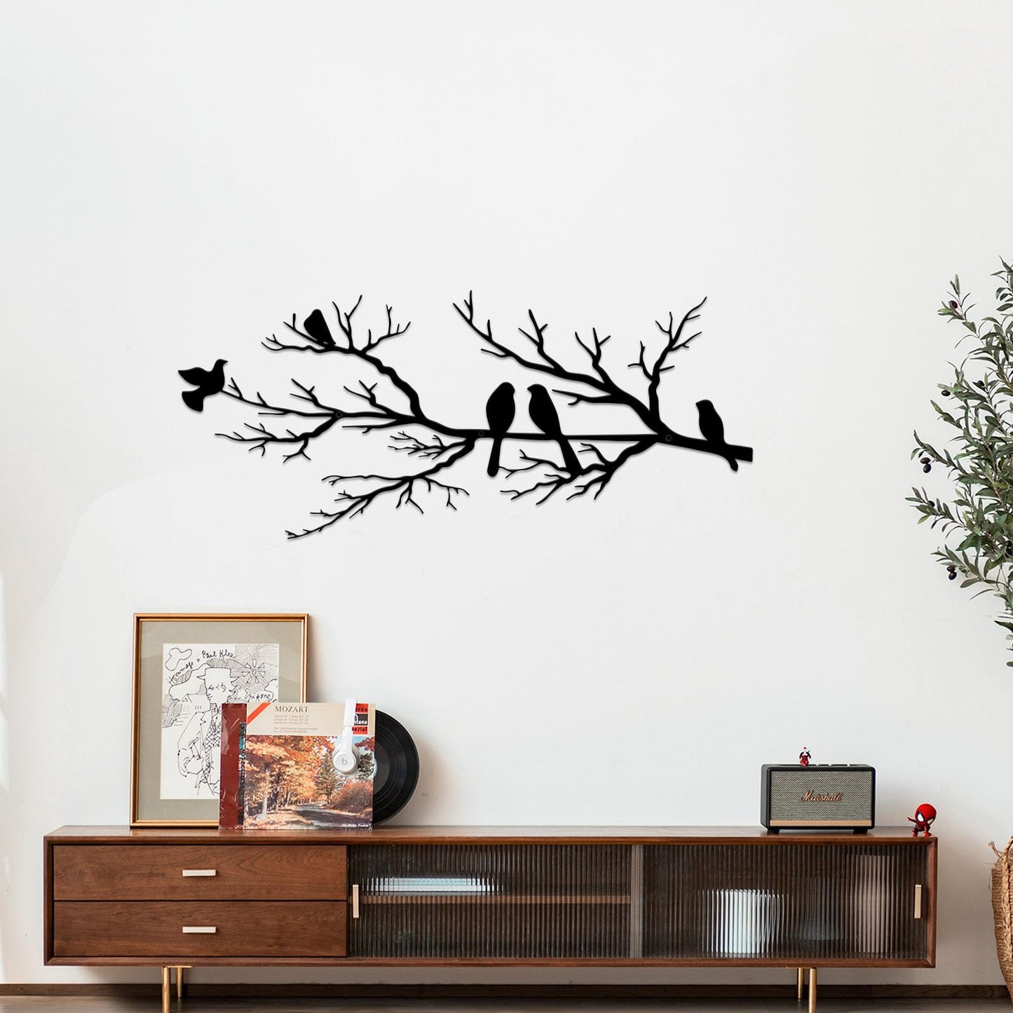 ESTART Metal Birds Wall Art, Metal Vivid Birds on Branch Silhouette Wall Decor Black Leaves with Bird Outdoor Hanging Wall Sculpture for Home Balcony Garden (Small)