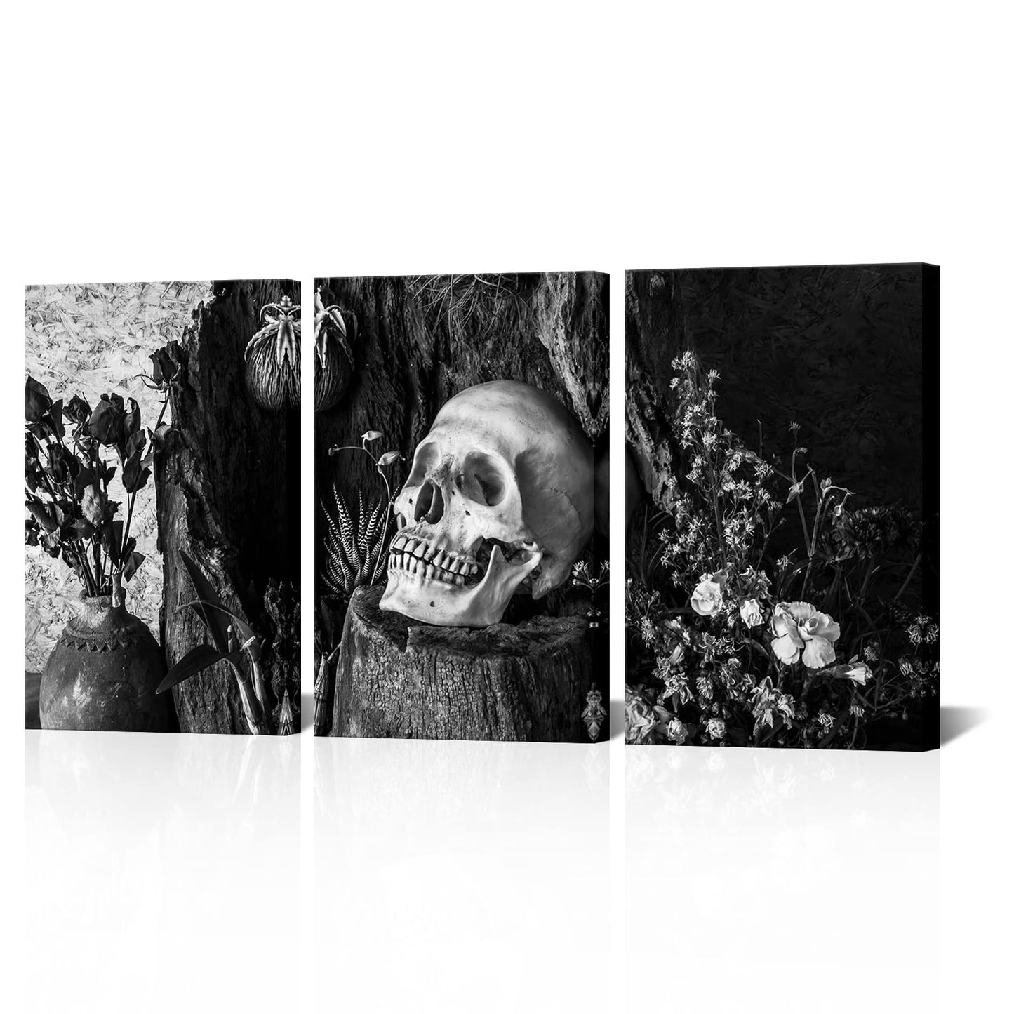 NutArtPic Skull Painting Day of the Dead Wall Art Black White Skull Flower Wall Picture Gothic Skeleton Canvas Gallery Wrapped (Black White, Medium)