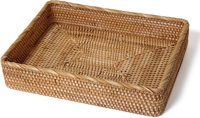 Wicker Storage Tray, Rattan Basket Rectangular for Bathroom Living Room, Decorative Serving Woven Trays Wicker Baskets for Organizing Home Decor XL(17.7" × 13.4")
