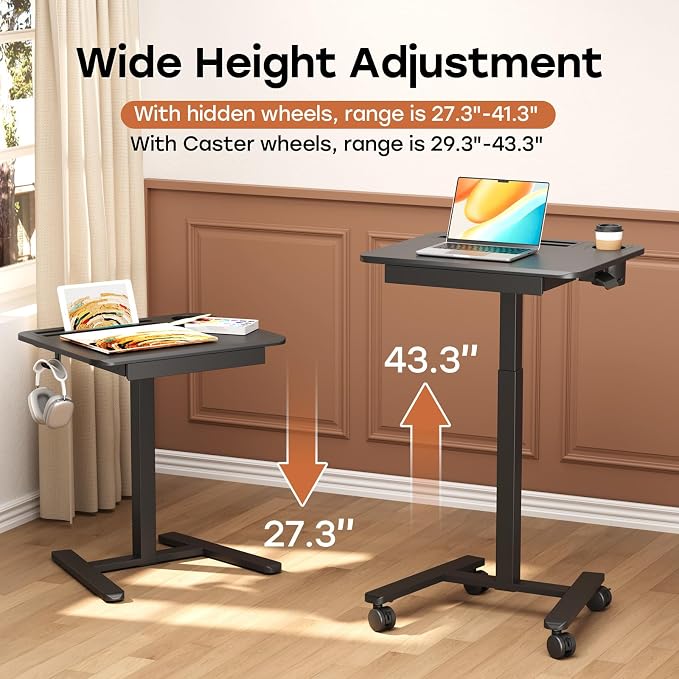 Small Mobile Standing Desk with Drawer, 23.6"x19.7" Rolling Laptop Cart on Wheels, Height Adjustable Sit Stand Computer Workstation with Storage for Compact Space, Black