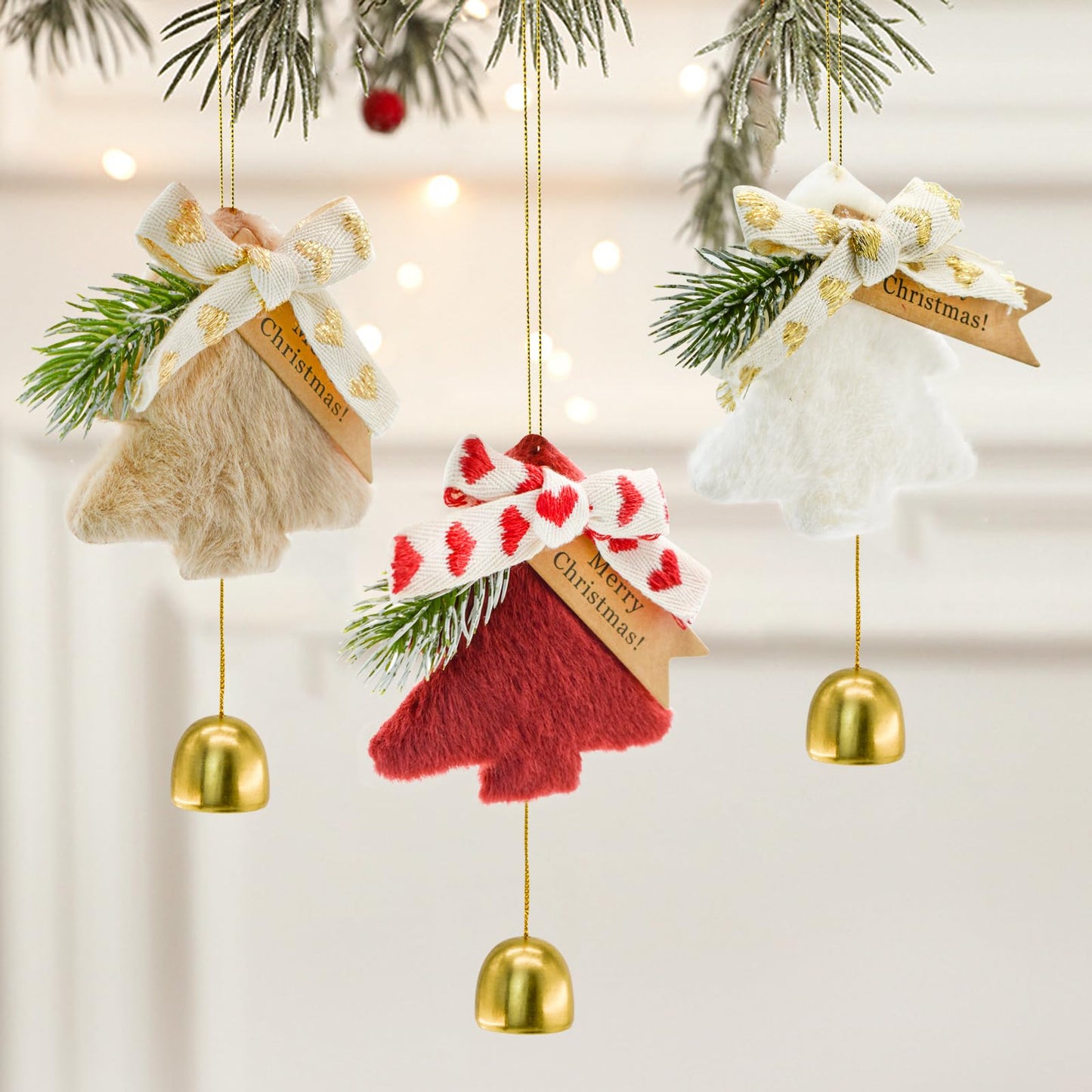 MrMrKura Gold Jingle Bells Christmas Tree Decorations Indoor Outdoor, Plush Pendant Hanging Christmas Ornaments Set of 9, Gifts for Home Decor Holiday Party (9)
