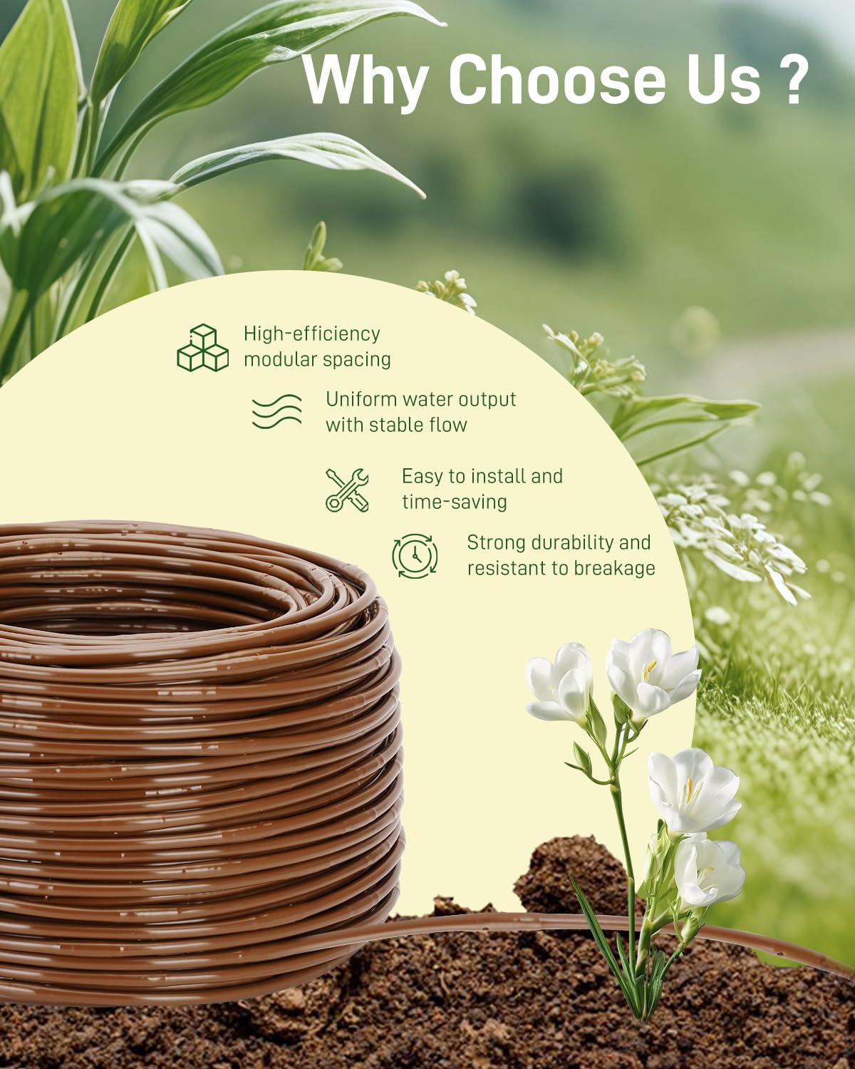 1/4" Drip Irrigation Tubing with 6" Emitter Spacing, (100 Ft Roll) Hydroponics Dripline with Built-in 0.5 GPH Dripper, Drip Line for Landscape Irrigation, Tree Watering and Greenhouses (Brown)