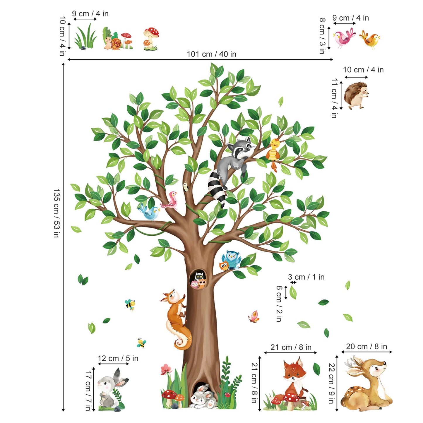 decalmile Woodland Animals Large Tree Wall Stickers Bear Fox Deer Wall Decals Baby Nursery Kids Bedroom Toddler Room Wall Decor (H:135cm/53Inches)