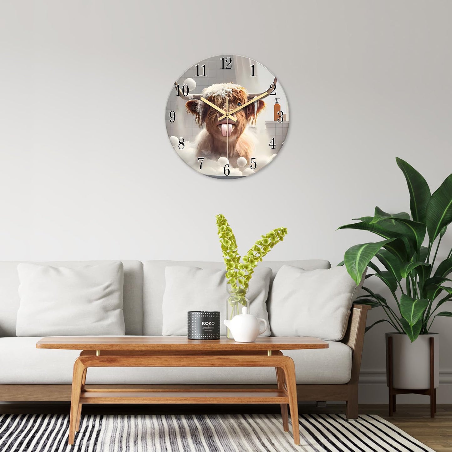 XNM 20 Inch Brown Large Wall Clocks for Living Room Decor Round Battery Clock Modern Farmhouse Highland Cow Wall Clock Silent