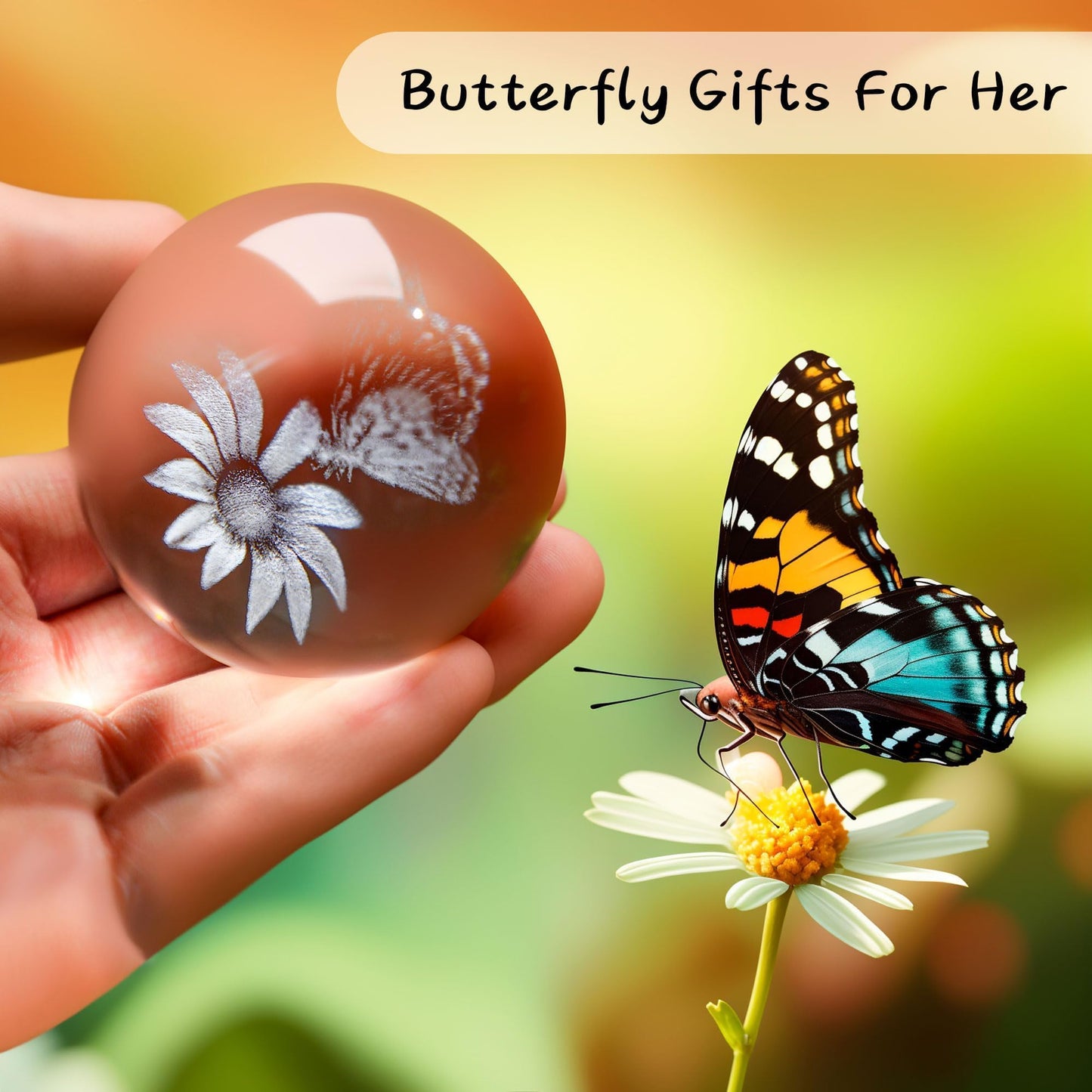 HDCRYSTALGIFTS 60mm Butterfly Crystal Ball Paperweight,3D Laser Engraved Butterfly on Sunflower in Glass Ball with Stand Decorative Glass Sphere Home Decor Gifts for Women Girls