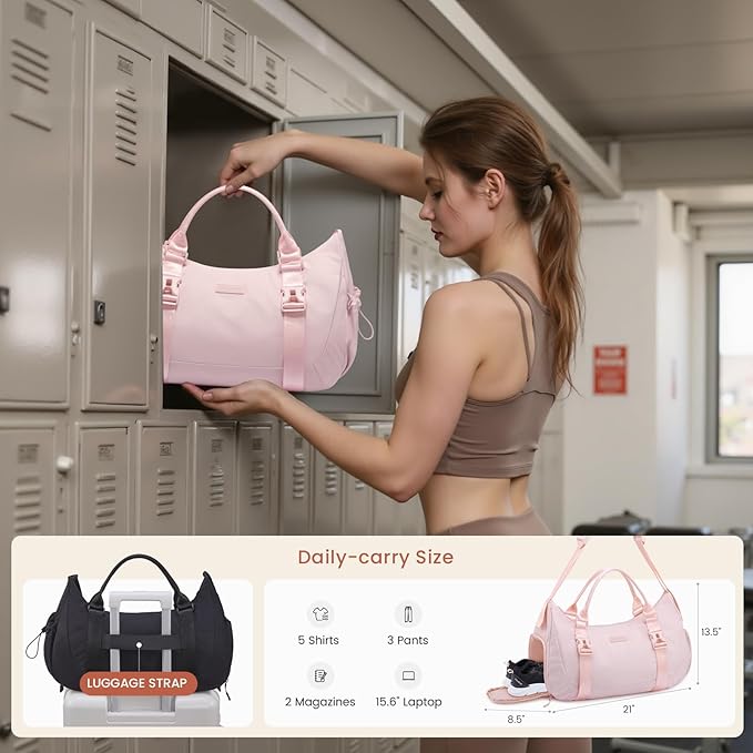 LOVEVOOK Gym Bag for Women Men, duffle bag for travel with shoe compartment, Small Gym Tote Dry Wet Separation, Multipurpose Weekender Overnight Bag, Lightweight Carry On Bag, Light pink