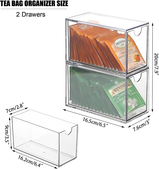 ELLDOO 2 Drawers Tea Bag Organizer, Clear Acrylic Stackable Tea Bag Storage Holder for Kitchen Pantry, Coffee Pod Snack Storage for Countertop Cabinet